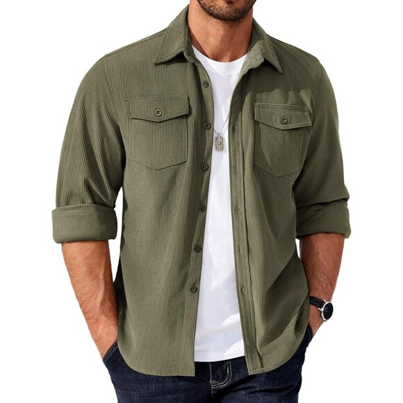 Coofandy Men Dark Green Corduroy Button Down Lightweight Jacket with Flap Pocket - Picture 1 of 5